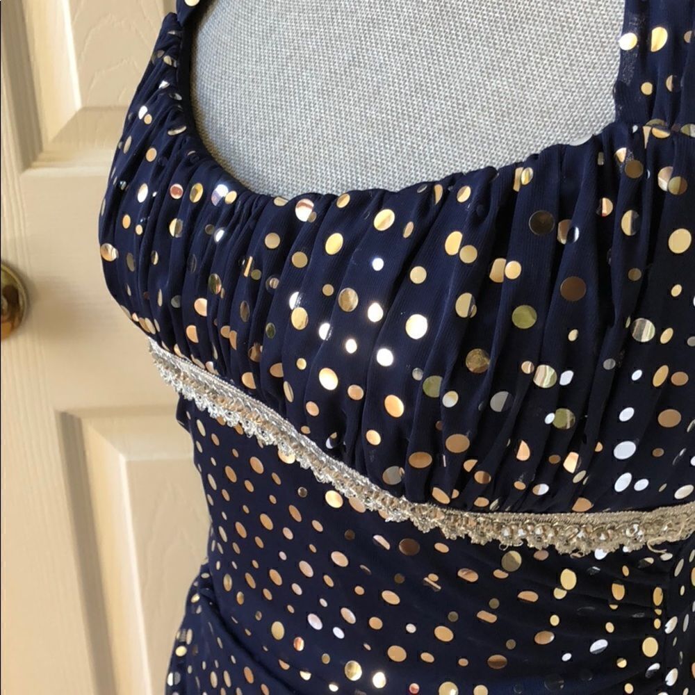 Juniors Navy Blue Silver Polka Dot Evening Dress - Picture 2 of 6